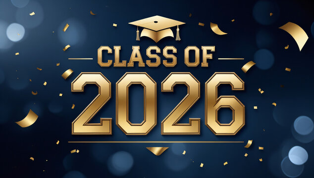 Golden graduation celebration for the class of 2026 with confetti and bokeh lights