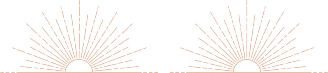 Set of two delicate bohemian sunburst symbols with radiating lines, elegant minimalist sunrise vector illustration for logo or branding