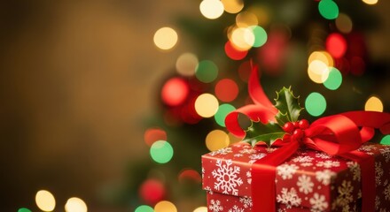 Christmas gift box with red ribbon and holly in front of festive lights