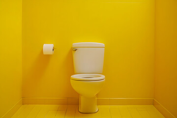 Clean Yellow Bathroom with White Toilet and Toilet Paper Roll
