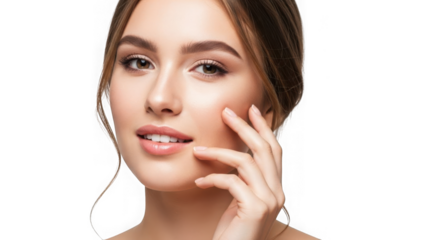 Close-up portrait of a young woman's face with soft lighting and clean skin. isolated on transparent background