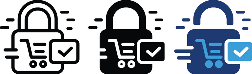 Lock merged with a shopping cart and mobile payment symbol represents safe checkout, online shopping protection, secure transactions, payment Security for E-commerce