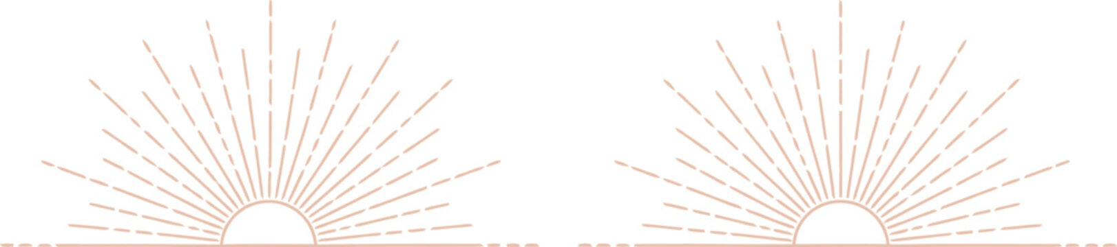 Set of two delicate bohemian sunburst symbols with radiating lines, elegant minimalist sunrise vector illustration for logo or branding