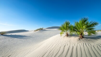 Bright Green Palm Fronds Rest On A Pristine White Sandy Dune Against A Clear Blue Sky