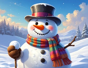 Cheerful snowman with top hat and colorful scarf stands in a snow-covered winter landscape with rolling hills and trees
