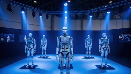 A group of advanced robots stand in an exhibition hall, demonstrating innovative AI technology
