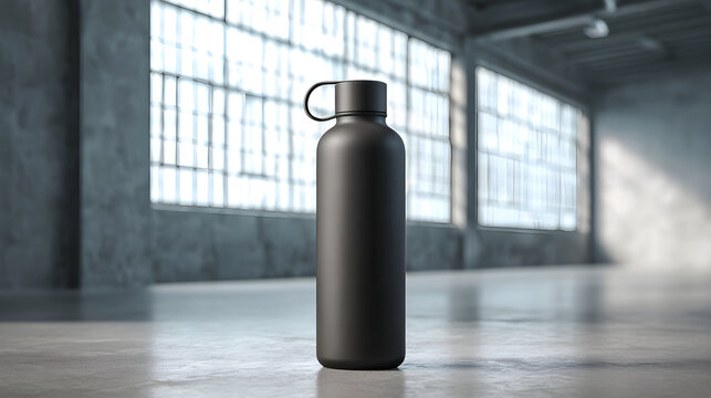 Black water bottle standing on concrete gym floor