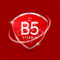 Molecules pantothenic acid vitamin B5 solution in translucent glass shield modern red surrounded by glowing ring. Vitamins immunity. For design cosmetics or supplement products. 3D Vector EPS10.