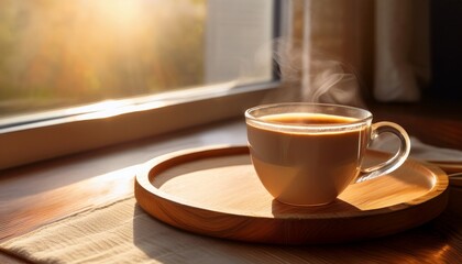 Obraz premium A Steaming Cup Of Coffee On A Wooden Tray By The Window Bathed In Morning Light Symbolizing Comfort Warmth And The Start Of A New Day