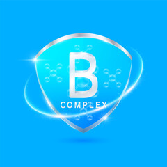 Molecules vitamin B complex solution in translucent glass shield modern blue surrounded by glowing ring. Vitamins immunity. For design cosmetics or supplement products. 3D Vector EPS10.