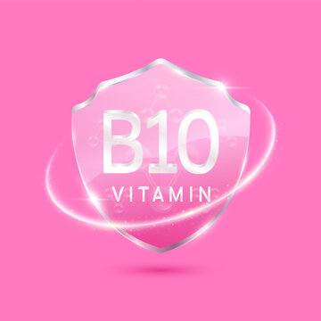 Molecules vitamin B10 solution in translucent glass shield modern pink surrounded by glowing ring. Vitamins immunity. For design cosmetics or supplement products. 3D Vector EPS10.