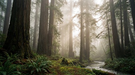 Obraz premium Serene Morning Light in Fog Shrouded Redwood Woodland