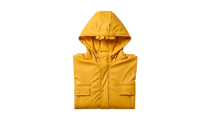 A folded, bright yellow raincoat with a hood and pockets against a black background