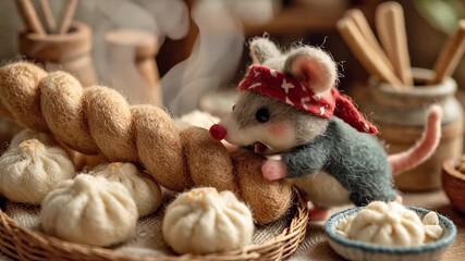 Stuffed bread and toy mouse composition culinary theme