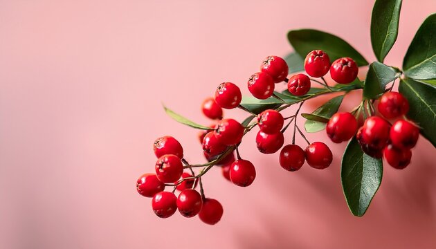 Close Up Of Vibrant Red Berries On A Green Branch Against A Soft Pink Background In A Bright Indoor Setting