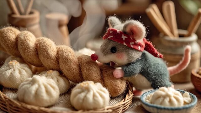 Stuffed bread and toy mouse composition culinary theme