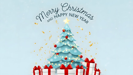 Festive light blue christmas tree adorned with ornaments and surrounded by gift boxes on a light blue background