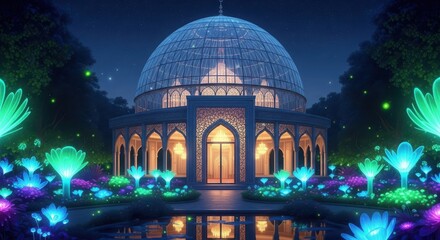 Fototapeta premium Glowing botanical garden at night featuring a glass dome building and illuminated flowers creating a magical and serene atmosphere