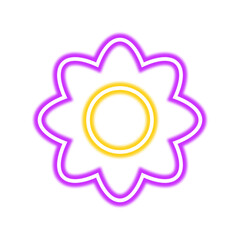 A stylized flower illustration with a purple neon outline and a yellow neon center, isolated on a white background.