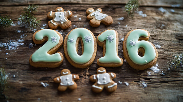 Festive gingerbread cookies spell 2016 on rustic wood for holiday cheer - Powered by Adobe