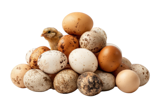 A small chick nestled among a collection of eggs