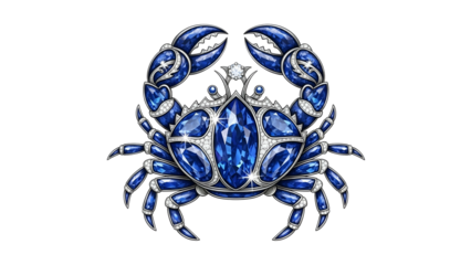 Jeweled crab zodiac illustration in blue and silver, detailed, isolated on black