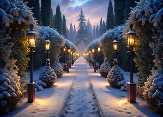 Enchanting snowy garden path lined with glowing lanterns and evergreen trees