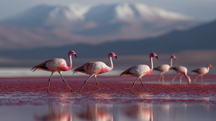 pink flamingos in a saltry lagoon in the altiplane