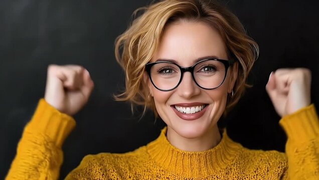 Woman with glasses celebrates success with joyful expression.