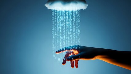 Hand reaching for digital rain of binary code from a cloud image