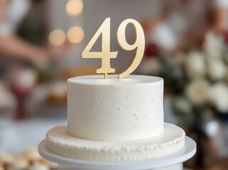 A white two-tier cake with a gold '49' topper for a 49th birthday or anniversary celebration