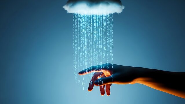 Hand reaching for digital rain of binary code from a cloud image