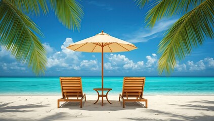Two wooden sun loungers and a small table with a sun umbrella on a sandy tropical beach, surrounded by palm trees and overlooking a turquoise ocean under a clear blue sky