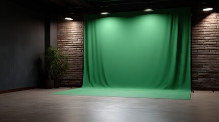 Green Screen Setup in Dark Room with Ambient Spotlight and Clean Background
