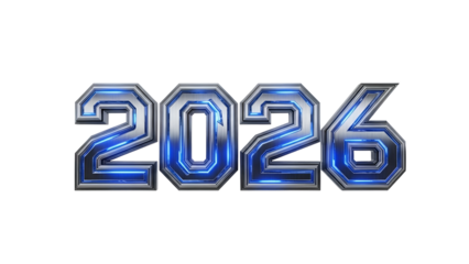 Futuristic text displaying the year 2026, rendered with a metallic and neon blue glow on black