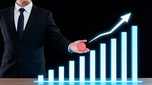 Businessman pointing to a rising bar graph with a target symbol, indicating growth and success in a professional setting. - Powered by Adobe