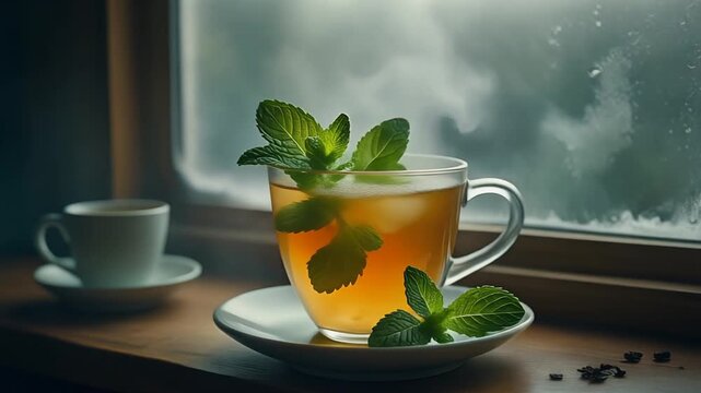 Aromatic Tea Break Mint Infusion by the Window on a Rainy Day