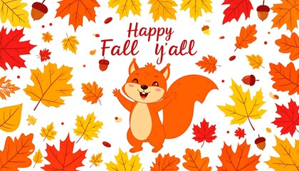 Cheerful squirrel amidst autumn leaves and acorns, spelling "Happy Fall y'all" against a white background