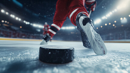 Intense ice hockey action with puck, skates, and stadium lights gleaming bright