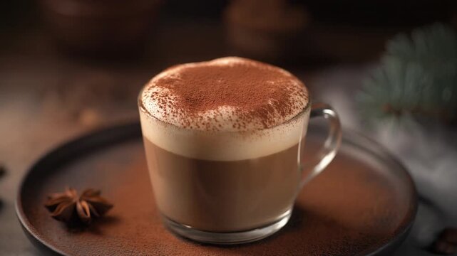 Indulgent and creamy cappuccino in a glass cup, topped with a dusting of cinnamon powder and served with star anise for a warm, comforting coffee experience