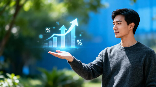 Man presenting a digital growth chart in an outdoor setting