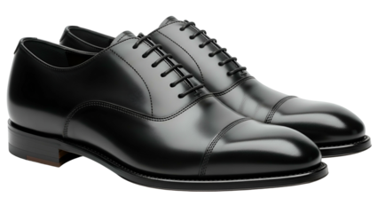 Pair of polished black leather Oxford dress shoes, side view, on a black background
