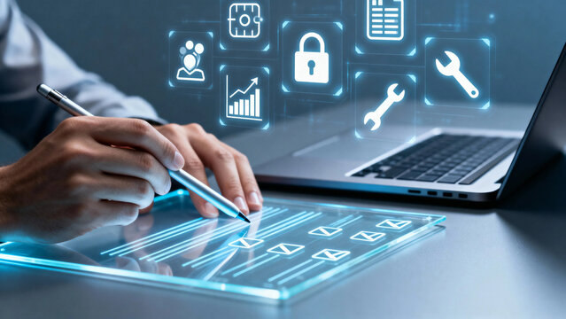 Person analyzing data on a transparent digital tablet with floating technology icons above a laptop