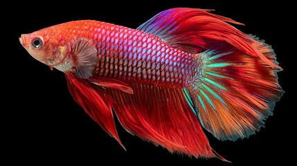 Fototapeta premium A vibrant, colorful betta fish swims gracefully, showcasing its stunning fins and scales against a dark background, highlighting the beauty of aquatic life and underwater elegance.