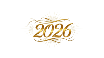 Golden "2026" script surrounded by fireworks on black background, celebratory