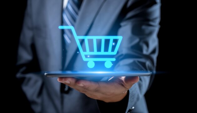 Holographic Shopping Cart Above Smartphone for Elegant E-commerce