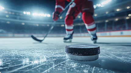 Intense hockey puck close-up with player ready to strike in ice arena