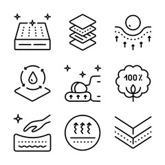 Mattress for sleeping outline icons set. Memory foam symbols shows different types of mattresses with features like breathability, firmness, and pressure relief.