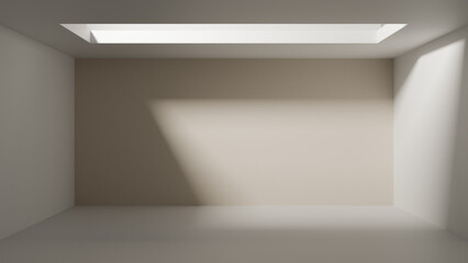 empty room with spotlight - empty room interior design with white walls and white empty floor. copy space room cozy background with sunlight beam from above. luxury minimalistic studio room background