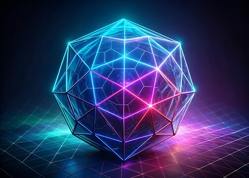 Glowing neon geometric crystal orb with futuristic digital background - Powered by Adobe